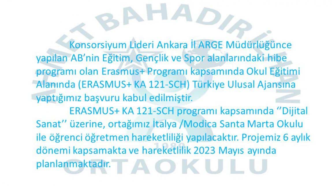 Erasmus KA 121-SCH Projemiz Kabul Edildi